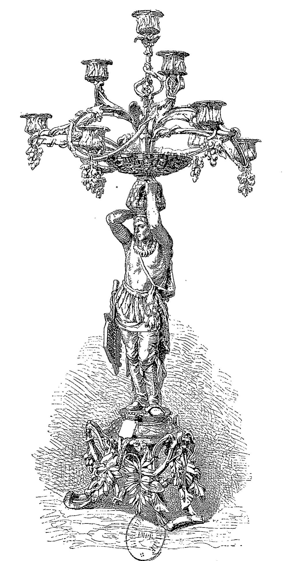 Candelabrum with Native American figure, engraving after Émile Carlier